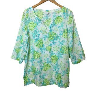 J Jill Love Linen Tunic Top M Green Blue Coastal Sea Turtle Vacation Resort